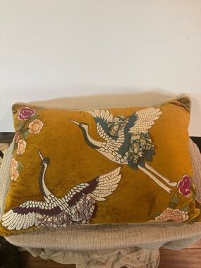 World Market Embroidered Crane Mustard Velvet Accent Pillow - 14x20